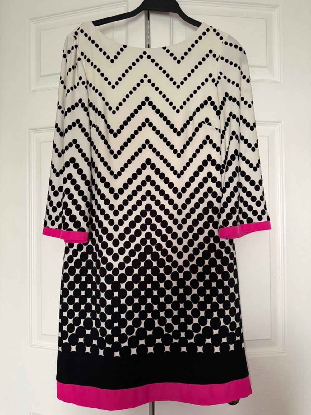 Eliza J Black & White Dot Chevron Shift Dress with Pink Trim